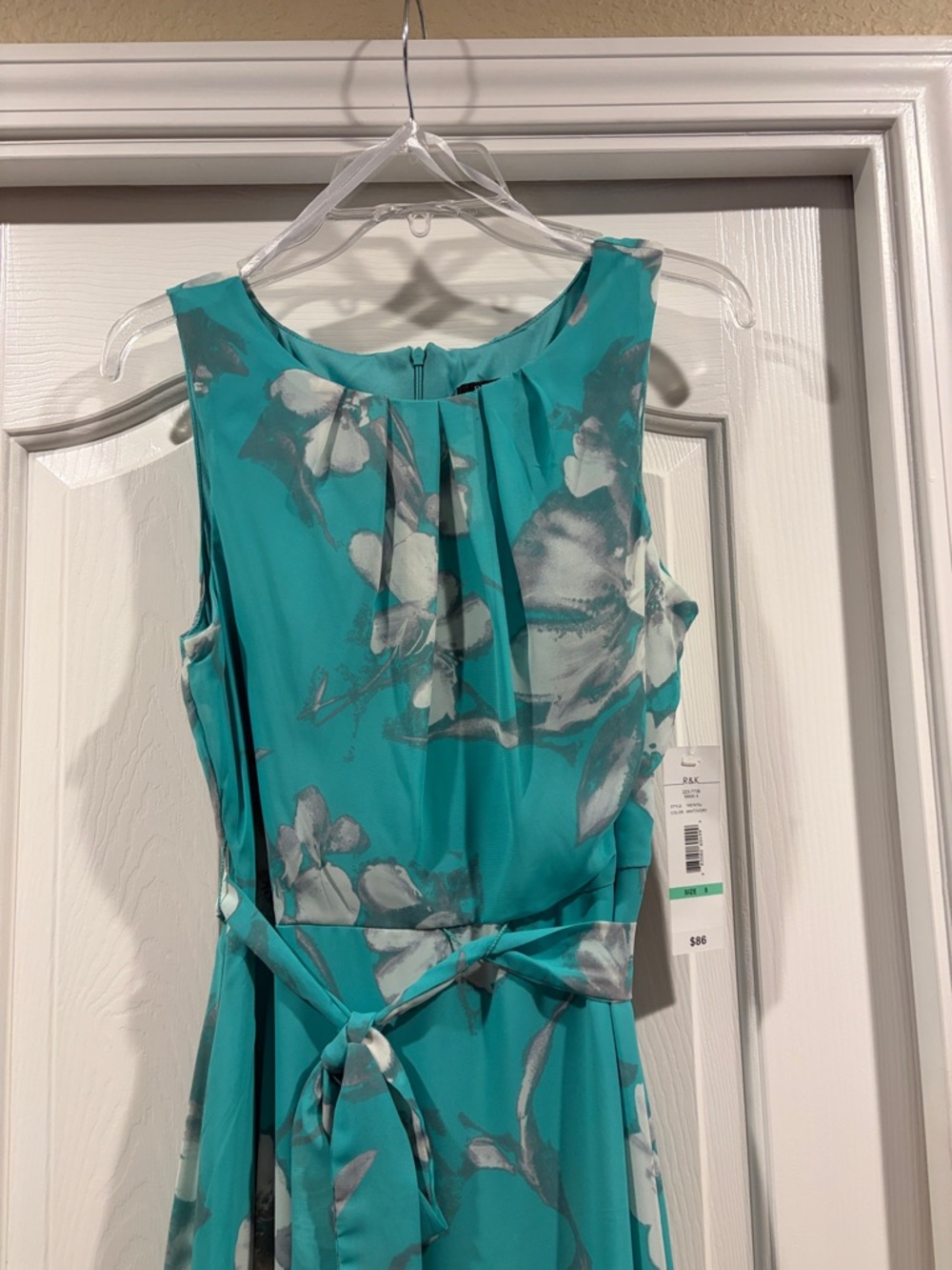 R & K Sleeveless Teal Floral Maxi Dress with Tie Waist NWT size 8 - Picture 3 of 7